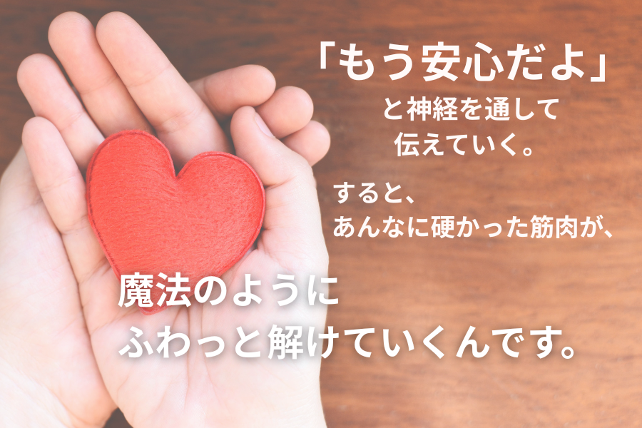 もう安心だよと神経を通して伝えていく。するとあんなに硬かった筋肉が魔法の様にふわっと溶けていくんです