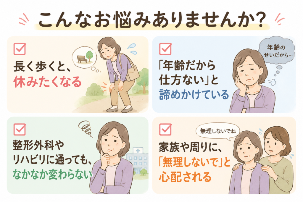 しろくま整体のお悩みチェックリスト。長く歩くと休みたくなる、年齢のせいと諦めかけている、整形外科やリハビリに通っても変わらない、家族に無理しないでと心配される、という4つの不安を描いたイラスト