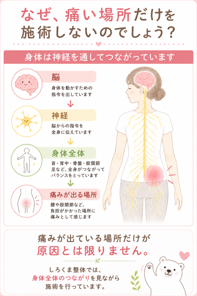 神経整体の考え方を図解。脳・神経・身体はつながっており、腰痛や股関節痛などの痛みは痛い場所だけが原因とは限らないことを説明したイラスト。