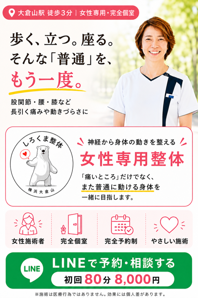 大倉山駅徒歩3分の女性専用しろくま整体。「歩く、立つ、座る。そんな普通を、もう一度。」を目指し、神経から身体の動きを整えます。