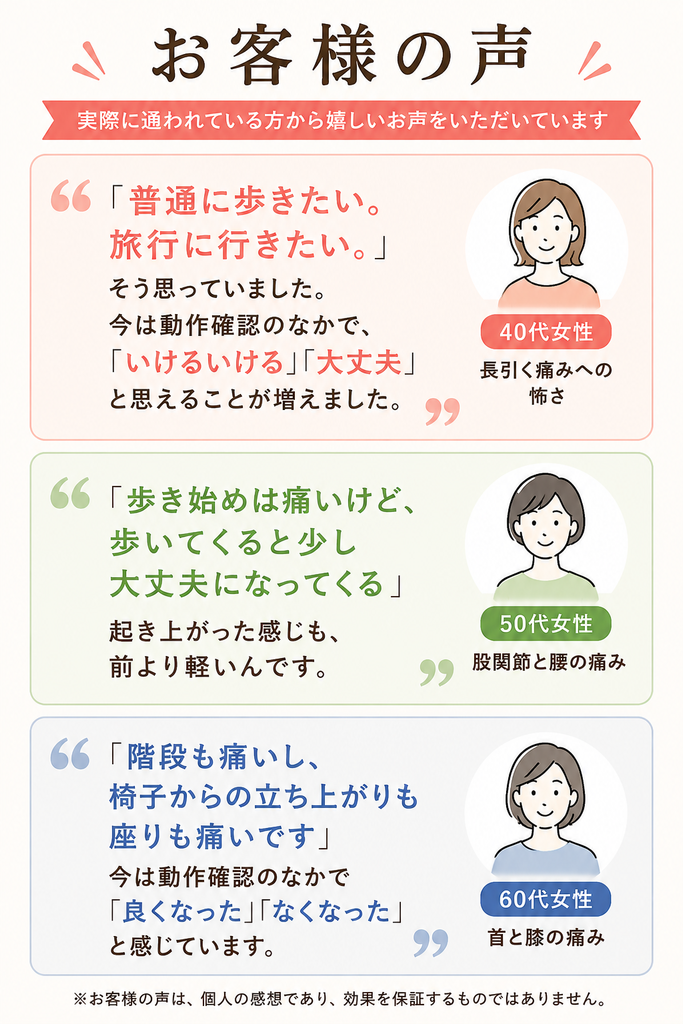 しろくま整体のお客様の声|歩行や股関節・腰・膝の痛みに悩む40代〜60代女性の施術後の変化