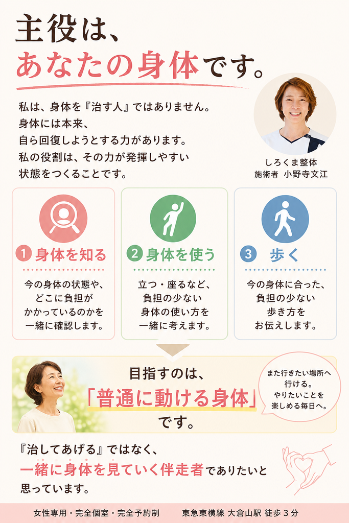 しろくま整体の施術方針|身体を知り、負担の少ない身体の使い方・歩き方を身につけ、普通に動ける身体を目指します