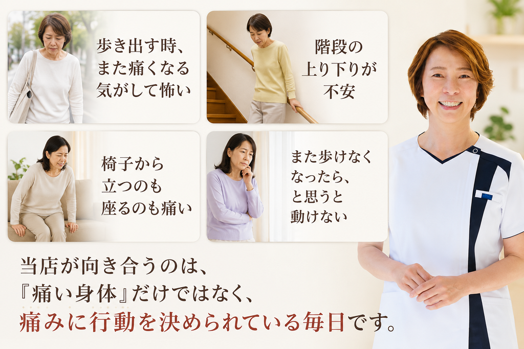 ボックス4つに実際の言葉(「歩き出す時、また痛くなる気がして怖い」「階段の上り下りが不安」「椅子から立つのも座るのも痛い」「また歩けなくなったら、と思うと動けない」)/ 締め「当店が向き合うのは、『痛い身体』だけではなく、痛みに行動を決められている毎日です。」