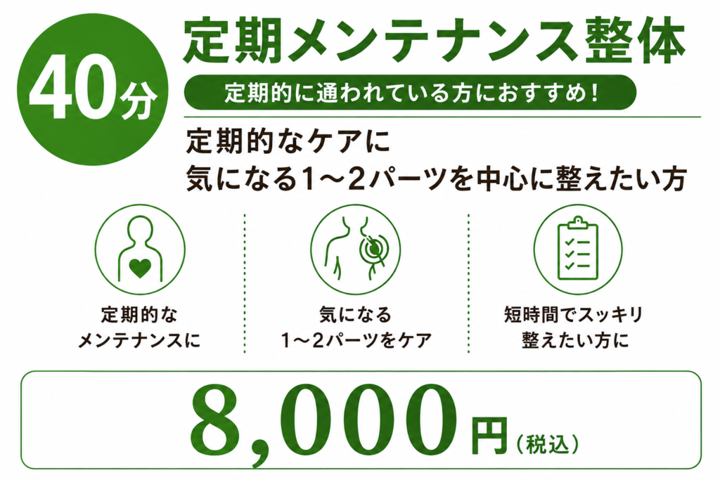 40分 定期メンテナンス整体 8,000円(税込)。定期的なケアや、気になる1〜2パーツを中心に整えたい方におすすめ。