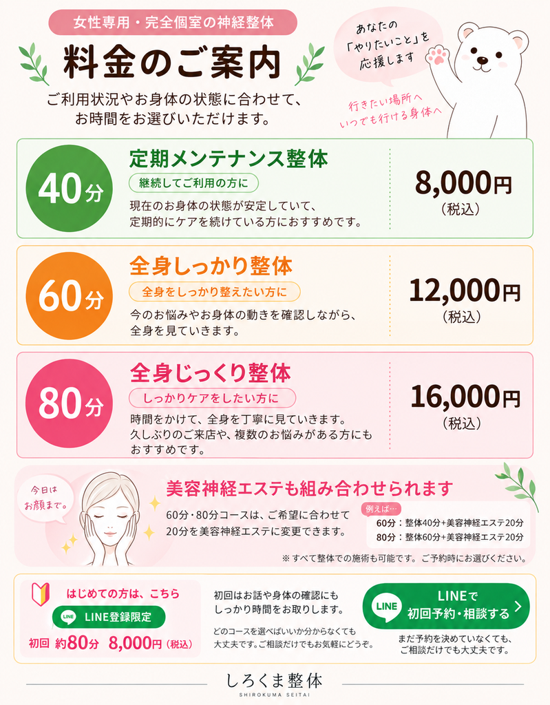 しろくま整体の料金表｜40分8,000円・60分12,000円・80分16,000円、美容神経エステ組み合わせ可能
